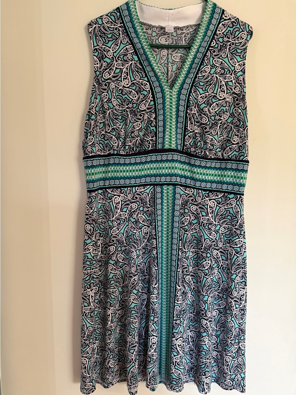 London Times Black and Teal Paisley V-Neck Dress 1X